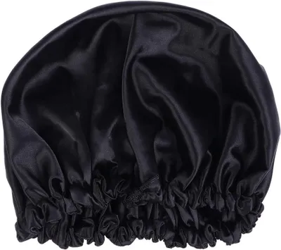 Produktbild von Schlafhaube Schwarz aus Doppellagigem Satin mit Kordelzug