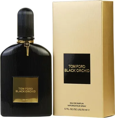 A black Tom Ford Black Orchid perfume bottle and its gold and black packaging are displayed against a white background.