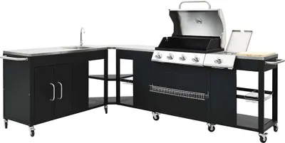Produktbild von vidaXL Gasgrill HOEK, 4+1 Brenner, Edelstahl/Stahl, Profi Outdoor-Küche mit Spüle, Schneidebrett und Unterschränken, elektronische Zündung, mobil, 48.000 BTU/HR (14 kW) Hauptbrenner, 10.000 BTU/HR (2,9 kW) Seitenbrenner