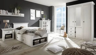 Produktbild von Schlafzimmer Komplett-Set "Hooge" in Pinie weiß Landhaus Set 4-teilig mit Einzelbett