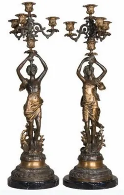 Produktbild von Casa Padrino Luxus Jugendstil Kerzenhalter Set Bronzefarben / Schwarz 23 x 20 x H. 69 cm - Elegante Bronze Kerzenständer mit Marmorsockel - Barock & Jugendstil Deko Accessoires