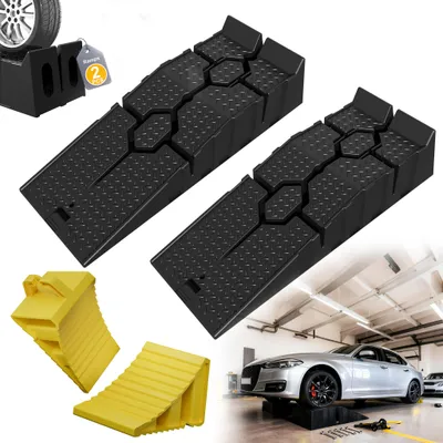 Produktbild von LARS360 2er Auffahrrampe + 2 Unterlegkeile, PP-Kunststoff, rutschfest, 5 t Tragfähigkeit, Radkeile Set für PKW, Wohnmobil, Anhänger – gelb + schwarz