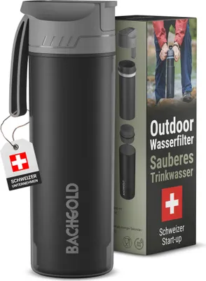 Obrázok produktu pre Profesionálna vonkajšia filtračná fľaša na vodu Bachgold® [650 ml] s kapacitou filtra 1500 l Odstraňuje 99,99 % všetkých baktérií