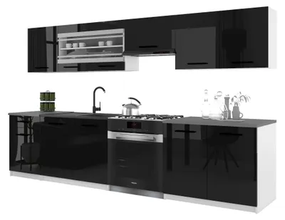 Obrázek produktu pro Belini Moderní kuchyňská linka ITALIA 4 – kuchyňský nábytek 260 cm, černý – vestavěná kuchyně se závěsnými skříňkami, spodními skříňkami a pracovními deskami