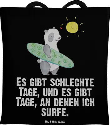 Produktbild von Mr. & Mrs. Panda Tote Bag Panda Surfen - Schwarz - Geschenk, Tasche, Wellenreiten, Jutebeutel, Shopping, Einkaufstasche, Schultasche, Surfschule