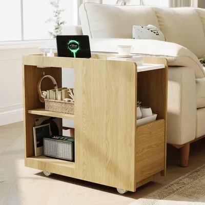 Produktbild von Nachttisch mit USB-C-Ladestation, Schublade und Rollen, Hellbraun