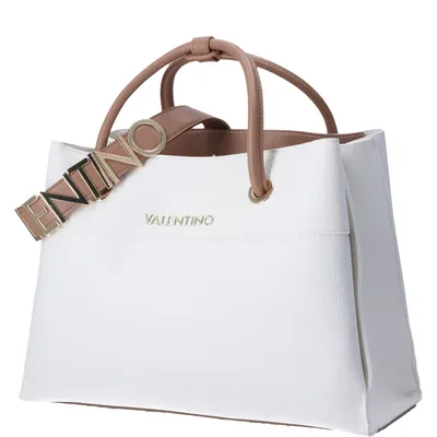 A white Valentino handbag with tan handles and a tan strap with gold 'VALENTINO' lettering.