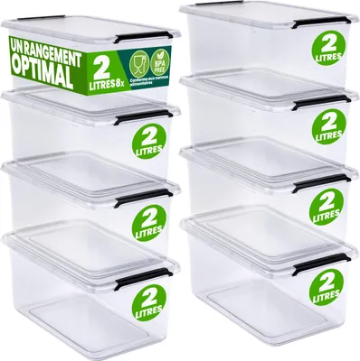 Image de DEUBA® 8x Boîte de rangement 2L en plastique transparent empilable sans BPA gain de place caisse de rangement organiseur