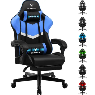 Produktbild von LUCKRACER Krzesło do gier Krzesło do gier Krzesło biurowe Ergonomiczne z poduszką lędźwiową, poduszką na głowę, krzesło do gier z regulacją wysokości, udźwig 150 kg, podnóżek niebieski