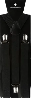 A pair of black suspenders is displayed on a black cardboard backing.