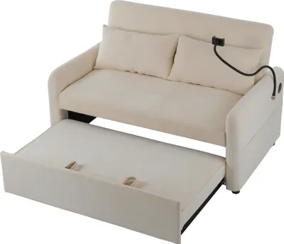 Produktbild von Schlafsofa 2-Sitzer mit Bettfunktion, 360° Handyhalterung, Regal, Handyhalterung, Seitentasche, USB und Type-C, 111x163 cm, Chenille