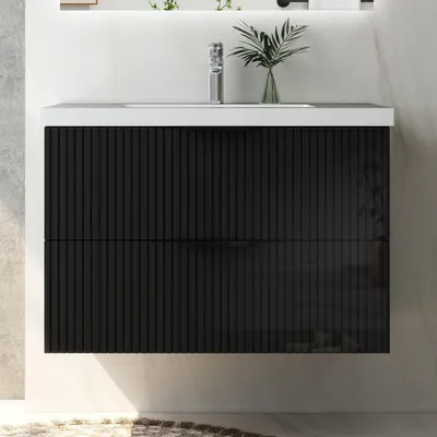 Produktbild von Waschtisch mit Unterschrank 80cm RIVA Badmöbel Set Hochglanz Schwarz Waschbecken mit Unterschrank Softclose