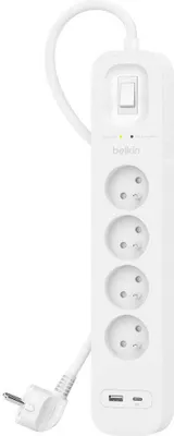 A white Belkin power strip with multiple outlets and USB ports, shown against a white background.