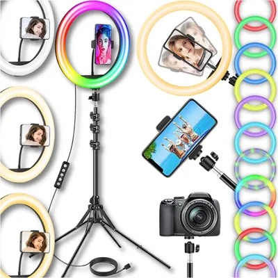Produktbild von Asato Ringlicht, 10 Zoll, 26 cm, 80 W, Ringlicht mit Stativ, Telefonhalterung, höhenverstellbar, dimmbares Selfie-Ringlicht in 6 RGB-Farben + 10 Modi