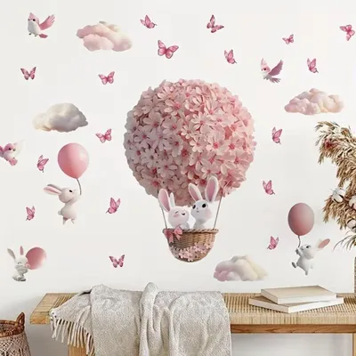 Produktbild von Rosa Hase Heißluftballon Wandsticker mit Schmetterlingen und Vögeln – Kinderzimmer Wandtattoo Babyzimmer Mädchen Wanddeko Selbstklebend Abziehbar