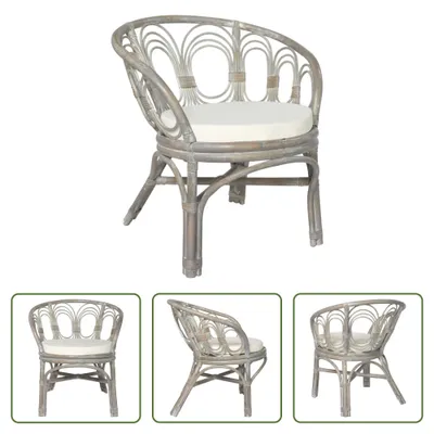 Image de The Living Store Chaise de salle à manger avec coussin Gris Naturel Rotin Lin
