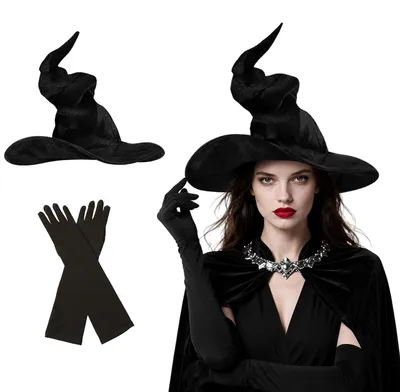 Hexenhut-Set mit 45 cm schwarzen Handschuhen, Halloween