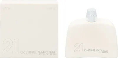 A product shot of a perfume bottle and its box, both white with grey text and numbering.