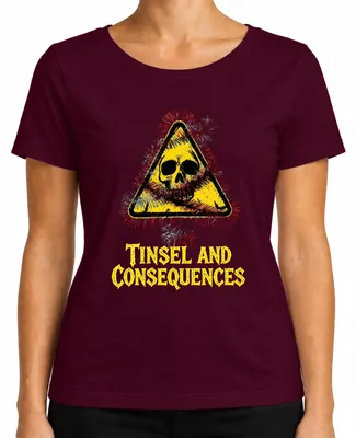 Produktbild von Tinsel and Consequences Totenkopf Lametta Warnschild Skull Gefahr Damen T-Shirt, Burgundy, S