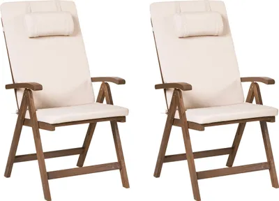 Produktbild von BELIANI Gartenstuhl 2er Set Dunkelbraun und Hellbeige Akazienholz Verstellbar Klappbar mit Auflagen Armlehnen Lamellen-Optik Rustikal Außenbereich
