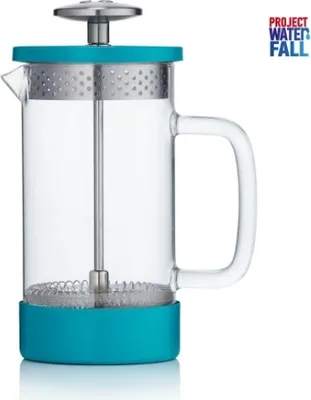 A turquoise and clear glass French press coffee maker is shown against a white background.