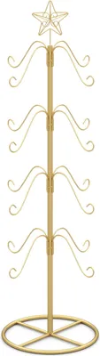 A gold-colored ornament stand with a star topper and multiple hooks for hanging decorations.