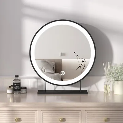 Zdjęcie produktu dla Heilmetz lusterko do makijażu z oświetleniem Φ40cm Czarne lusterko kosmetyczne LED Lusterko stołowe 3 kolory światła Ciepła biel/Neutralna/Zimna biel(Możliwość ściemniania 3000-6500K)Dotykowe