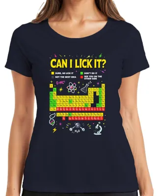 Immagine prodotto di Maglietta da donna, taglia XXL, colore blu navy, con scritta "Can I Lick It" (Posso leccarla?), tema "Scienza, Chimica, Tavola Periodica", con un tocco di sarcasmo