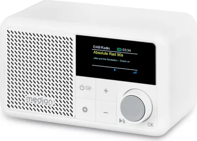 Produktbild von MEDION S66822 Tragbares Mini DAB+ Radio mit Bluetooth (Akku mit bis zu 6,5 Stunden, klein, dimmbares Farbdisplay, Teleskopantenne, Sleeptimer, Wecker, Snooze, AUX, USB-C) weiß