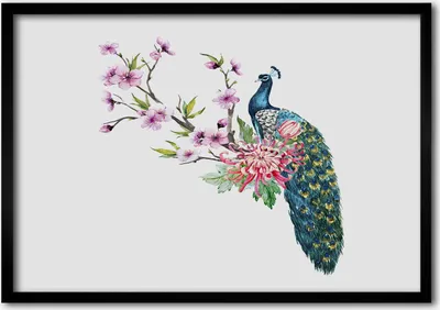 Produktbild von Bild - Bilderrahmen - 100 cm x 70 cm - MDF - Rahmen - Foto - Wandkunst Pfau und Blumen