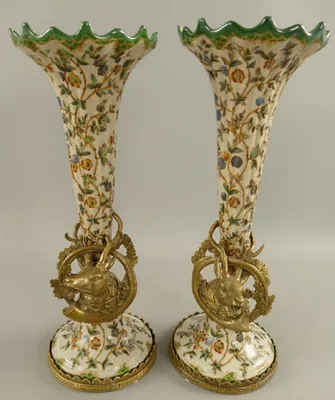 Immagine prodotto di Casa Padrino Set di vasi in porcellana liberty crema / multicolore / ottone Ø 12 x h. 34 cm - Accessori decorativi barocchi e liberty