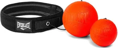 A black Everlast belt and two orange reflex balls on a white background.