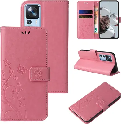 Produktbild von Handyhülle für Xiaomi 12T / 12T Pro Floral Blumen Schmetterling Flip Cover Hülle Case Klapphülle Handytasche Farbe: Rosegold