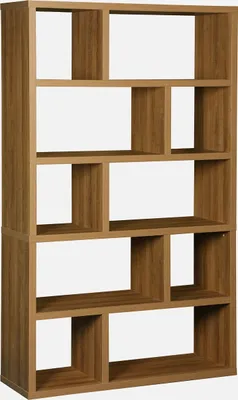 A tall, brown, multi-compartment bookshelf against a white background.