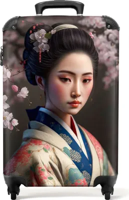 Produktbild von NoBoringSuitcases.com® Kufry Příruční kufr na kolečkách Malý cestovní kufr na 4 kolečkách - Žena - Sakura - Kimono - Asie - Portrét - Příruční velikost < 55x40x23 cm a 55x40x20 cm - Foto kufr - Příruční kufr - Palubní zavazadloPříruční kufr 55x35x20 cm, 36L,