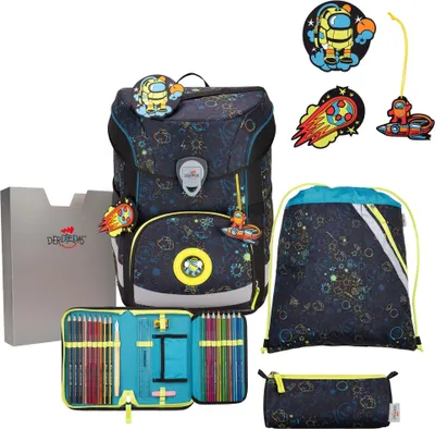 A collection of school supplies with a space theme, including a backpack, pencil case, and drawstring bag.