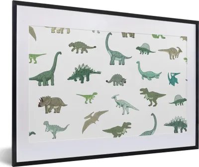 Produktbild von MuchoWow® Gerahmtes Poster Dinosaurier - Grün - Jungen - Braun - Kind - Muster 60x40 cm - Poster mit Schwarzem Bilderrahmen Wandposter Rahmen Foto Bilder - Schlafzimmer - Plakat in Rahmen - Drucken