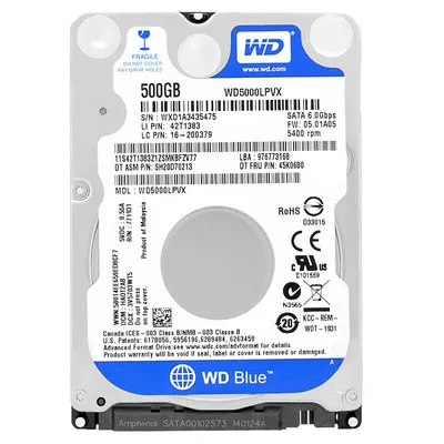 Obrázok produktu pre Western Digital Blue 500GB SATA 6Gb/s, 500 GB, 5400 ot/min, 8 MB, 2.5", Serial ATA III