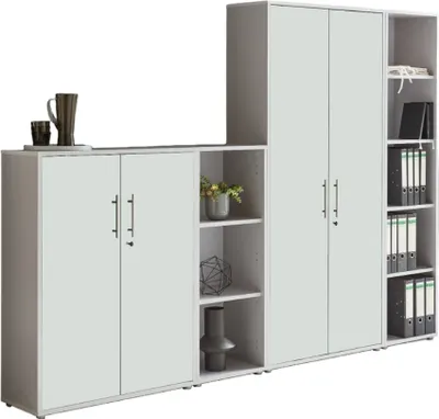 Produktbild von Aktenschrank TABOR 4 in lichtgrau / weiß matt, Schrankwand, Büroschrank, abschließbar, Metallgriffe