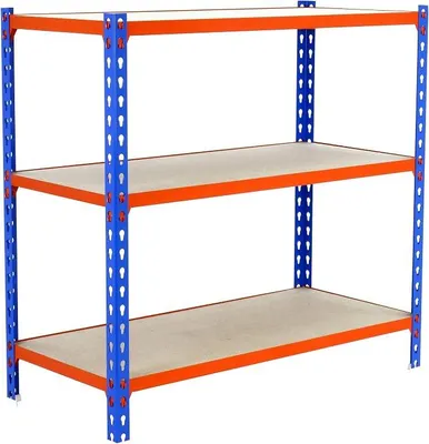 Produktbild von Schwerlastregal, Lagerregal, 100x110x40 cm, Metallregal, Kellerregal, Biegestelle 200 kg, 3 Holzfachböden, Blau/Orange/Holz - Maderclick