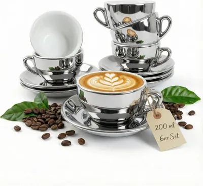 Produktbild von MUVELL 6er Cappuccino / Kaffee-Set "BARI" inkl. Tasse 200ml + Untertasse 16cm, silber - chrome
