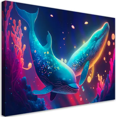 Produktbild von Leinwandbild Neon-Wale unter Wasser 100x70 Feeby Bunt bild für die wand bereit zum aufhängen