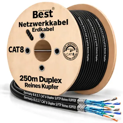 Produktbild von B.E.S.T. 250 m CAT 8.1 Duplex Outdoor Netzwerkkabel S/FTP 40 Gbit/s 2000 MHz AWG 23/1 Kupfer PE Schwarz