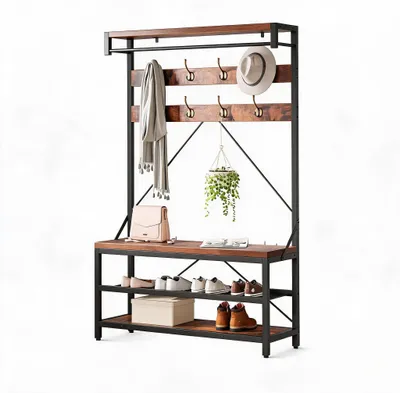 Produktbild von Garderobenbank 182x101x40 cm Schuhbank Kleiderstange Flur Retrostil