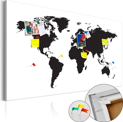 Immagine prodotto di Quadro in sughero non tessuto - Mappa del mondo: Eleganza in bianco e nero 120x80 cm Mappe k-B-0052-p-a