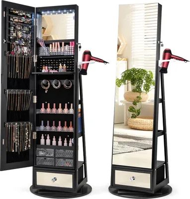 Produktbild von GOPLUS Drehbarer Schmuckschrank, Spiegelschrank mit LED-Beleuchtung, Haartrocknerständer, Schmuckorganizer mit Schublade & Ablagen (Schwarz)