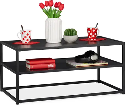 Produktbild von Relaxdays Couchtisch, eckig & niedrig, mit Ablage, MDF & Metall, moderner Wohnzimmertisch, HBT 42 x 90 x 50 cm, schwarz
