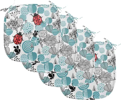 Produktbild von ABAKUHAUS Marienkäfer Polster für Esszimmerstühle, Romantische Rosen Blumen, Dekoratives wasserfestes Kissen mit Riemen für Küchensitze, 40 cm x 40 cm-4er Pack, Blassblau Rot Schwarz