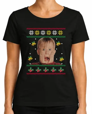 Immagine prodotto di Maglione natalizio "Home Alone" con la scritta "Kevin è solo a casa", design natalizio, maglietta da donna, colore nero, taglia M