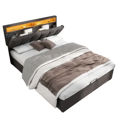 Produktbild von Polsterbett mit Lattenrost, Schubladen und LED-Beleuchtung, 140x200 cm, Doppelbett mit gepolstertem Kopfteil, Leinenbezug